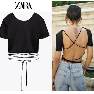 Zara black satin short sleeve crisscross open back crop top blouse Sz XL NWOT